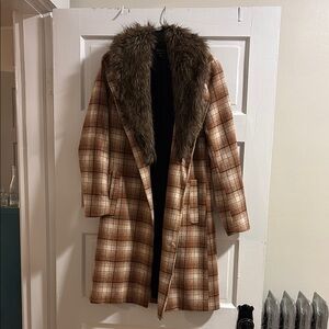 Plaid Brown Coat with Faux Fur Collar